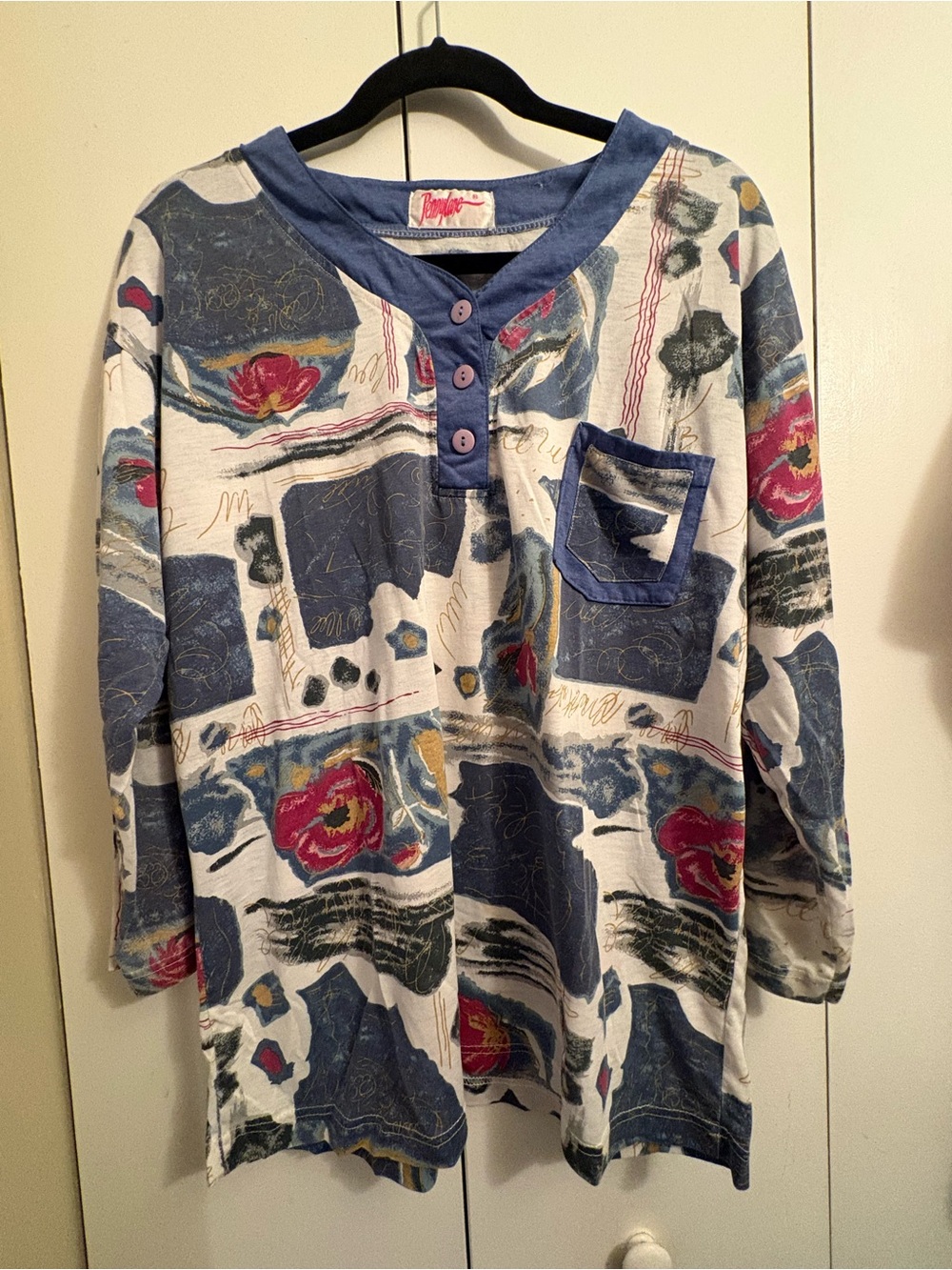 Vintage Penny Lane Graphic Pocket Henley Top in Blue and Cream